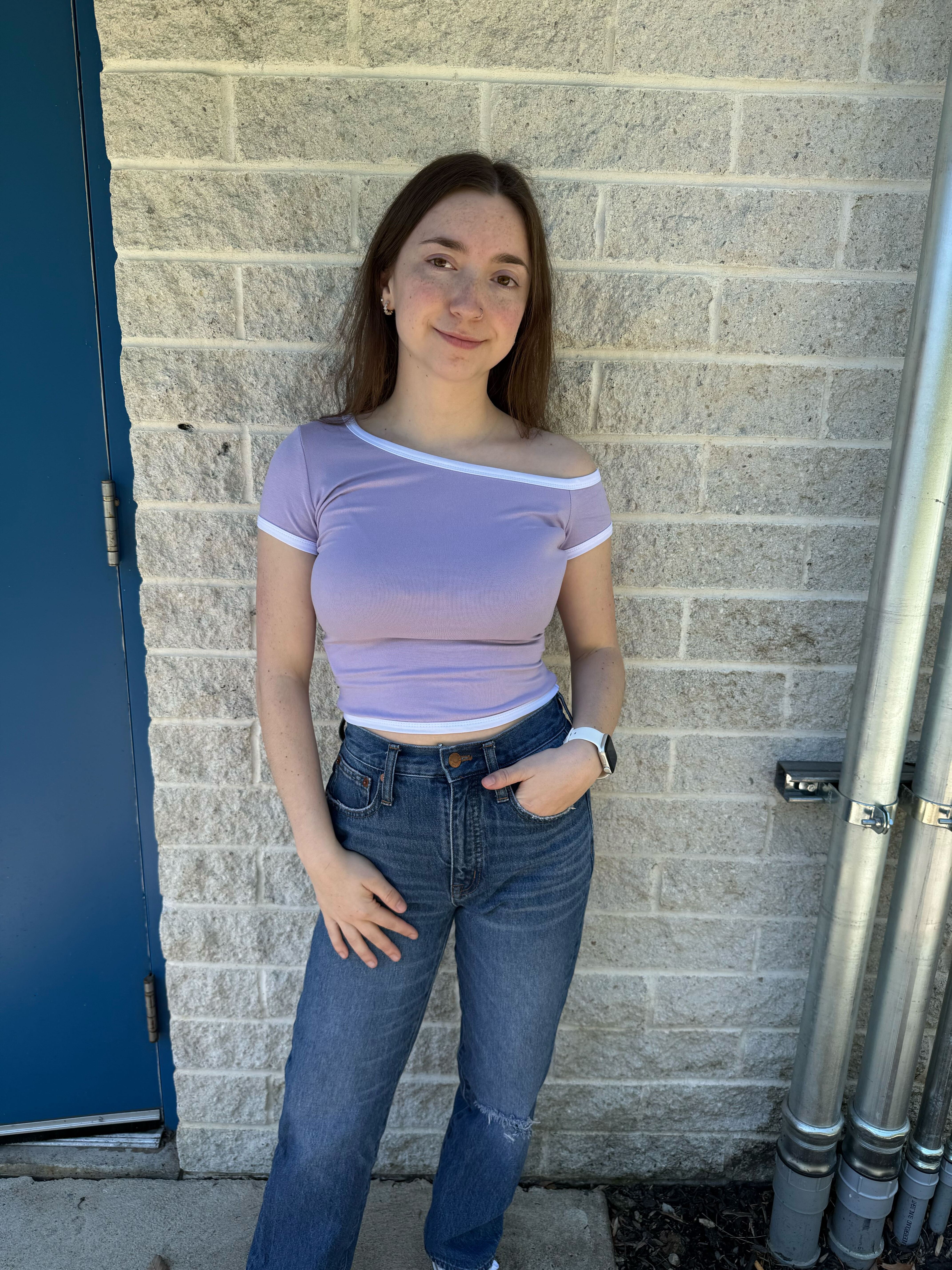 Signature Off-the-Shoulder Tee Colorblock SBS301 - Model Image