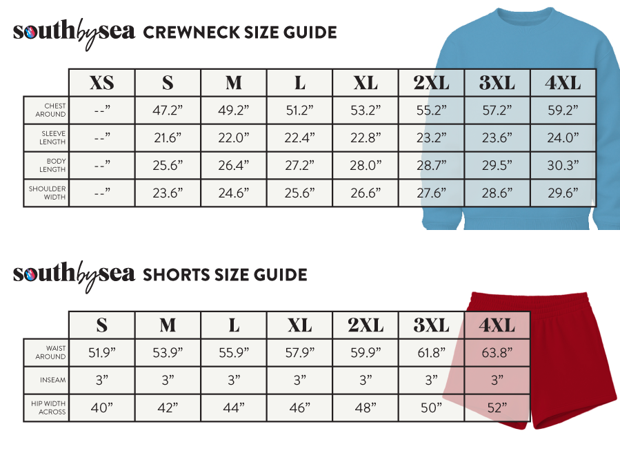 Signature Fleece Crewneck + Shorts Sweatset SBS700 SBS500 - Size Chart