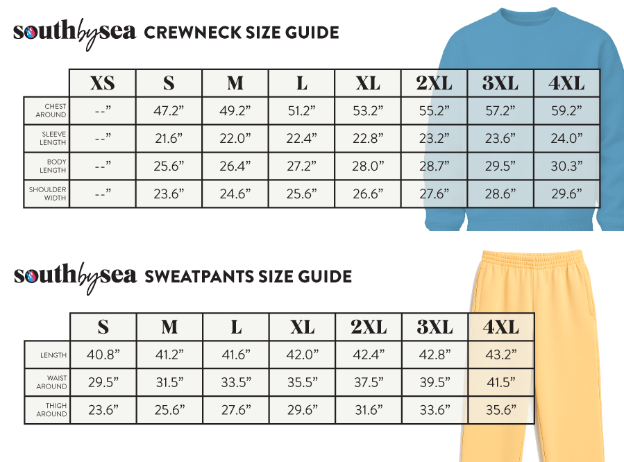 Signature Fleece Crewneck + Open Bottom Sweatpants Sweatset SBS700 SBS600 - Size Chart