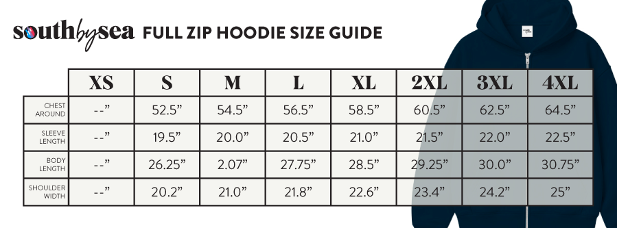 Signature Full Zip Hoodie Sweatshirt SBS1200 - Size Chart