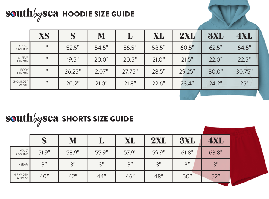Signature Fleece Hoodie + Shorts Sweatset SBS200 SBS500 - Size Chart