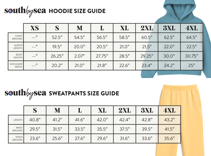 Signature Fleece Hoodie + Open Bottom Sweatpants Sweatset SBS200 SBS600 - Size Chart