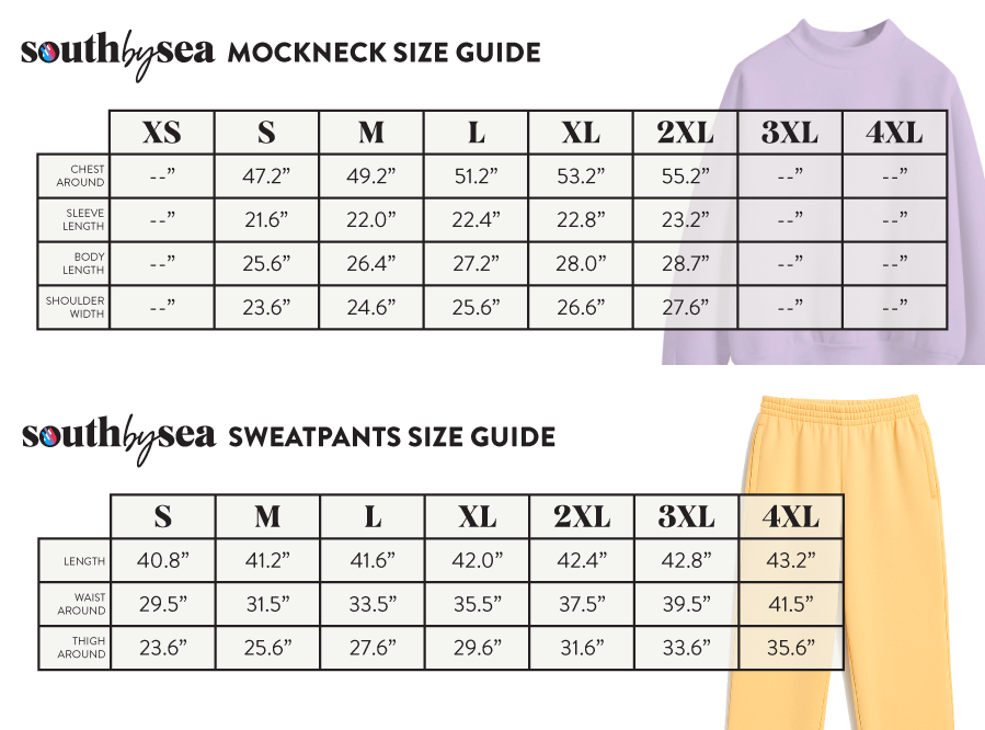 Signature Fleece Mockneck + Open Bottom Sweatpants Sweatset SBS100 SBS600 - Size Chart